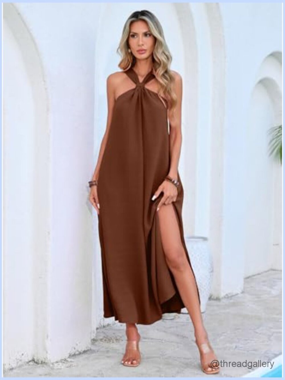 Sleeveless Halter Maxi Dress Side Slit Vacation Beach Casual Flowy - Picture 2 of 7